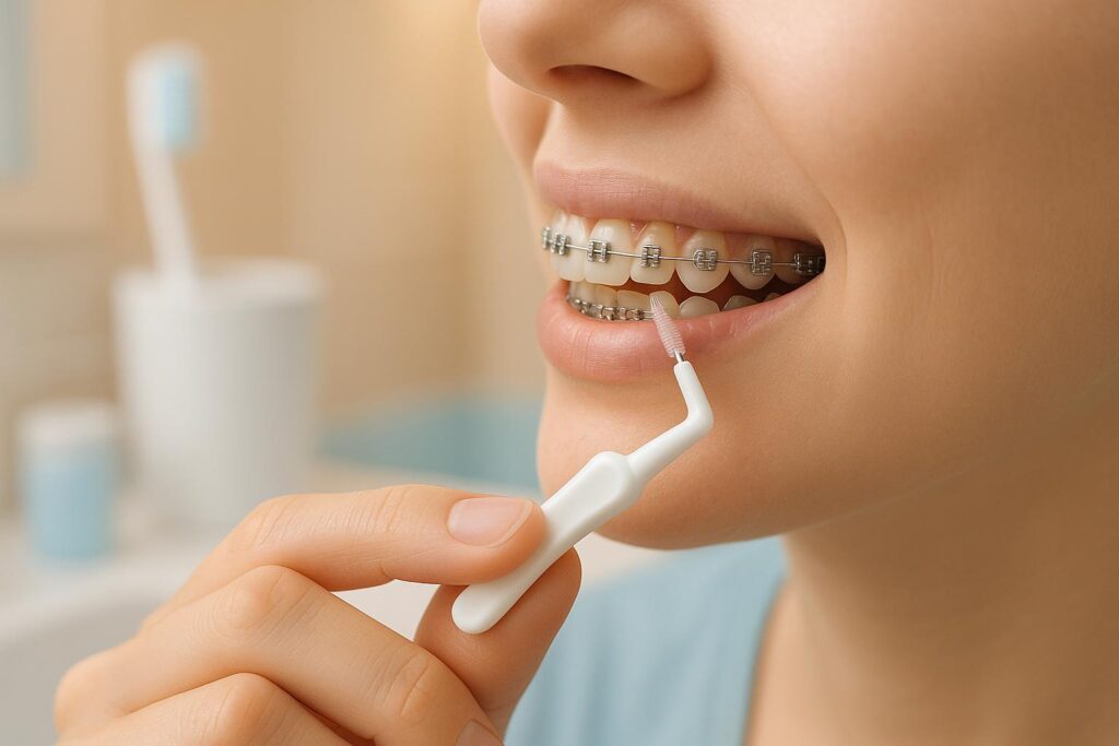Person using an interdental brush to clean around metal braces and maintain proper oral hygiene during orthodontic treatment.